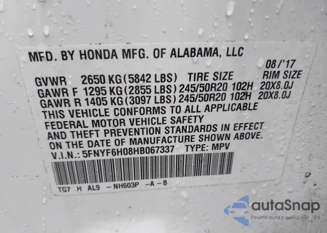 2017 Honda Pilot Elite from USA, damaged, VIN 5FNYF6H08HB067337